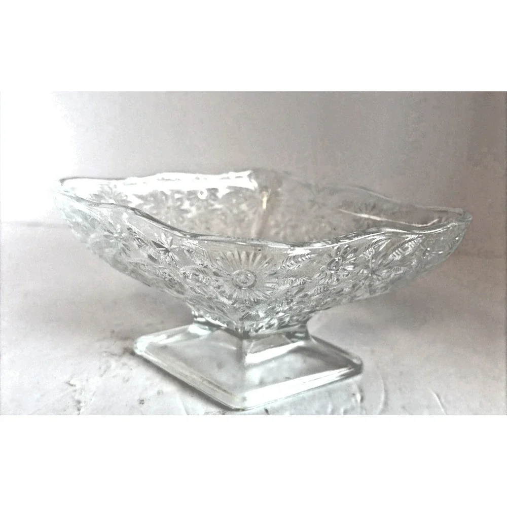 Vintage Indiana Glass Diamond Shape Clear Glass Floral Footed‎ Candy Dish Bowl